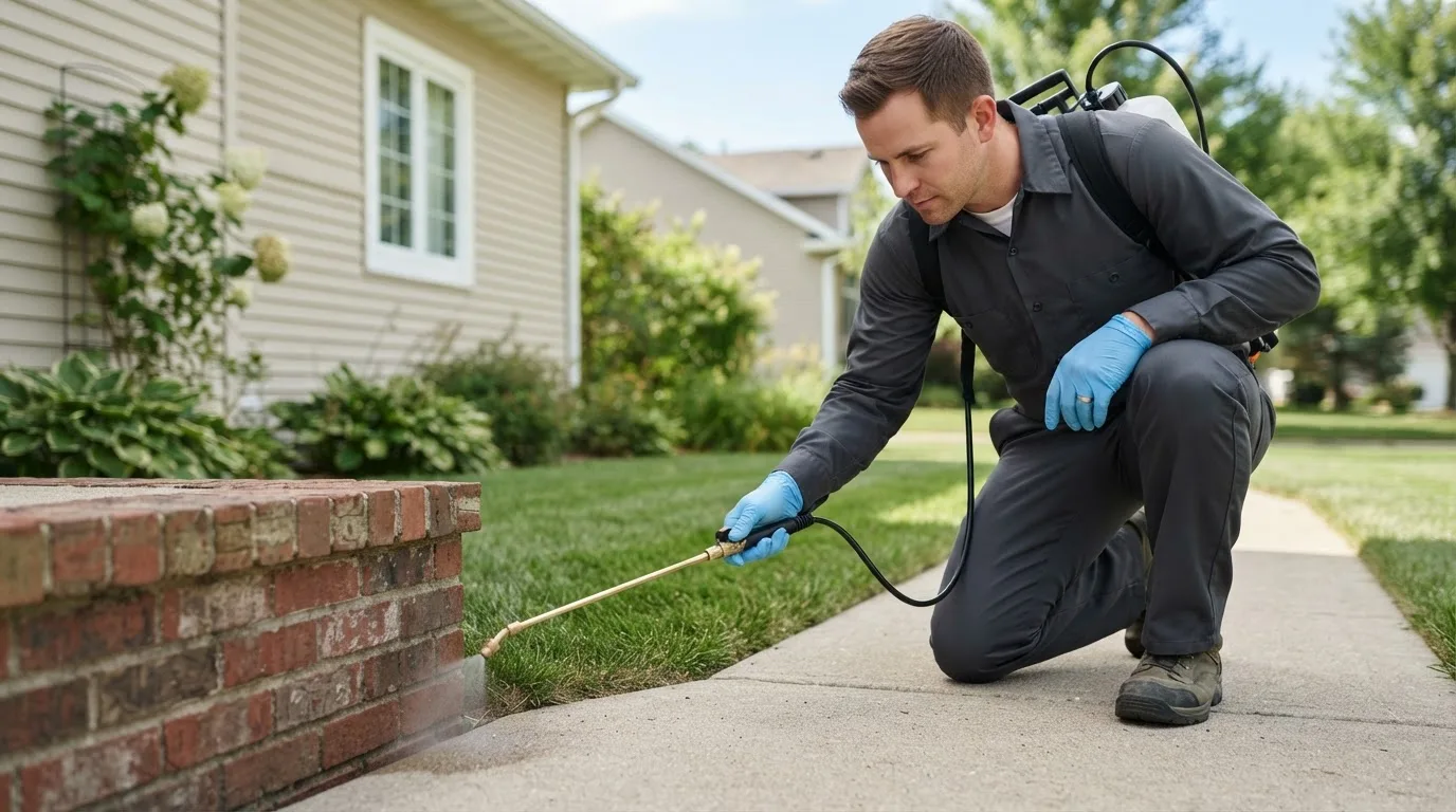 Pest control technician treating a home near Edwardsport, IN